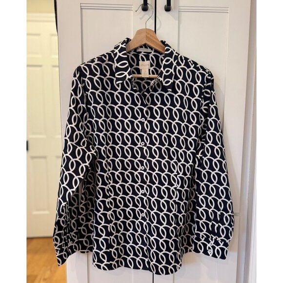 Chicos Caroline No Iron Button Down Shirt Size 2 Playful Loops Black and White - Picture 5 of 5